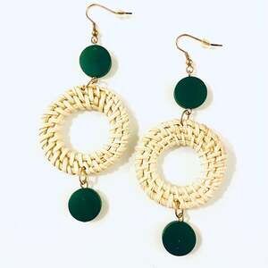 Woven Raffia with Wood Circle Drop Earrings